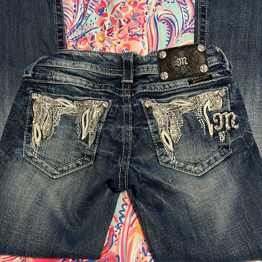 Miss Me Jeans Bootcut Size 24 Medium Wash Lace Rhinestones Leather EUC